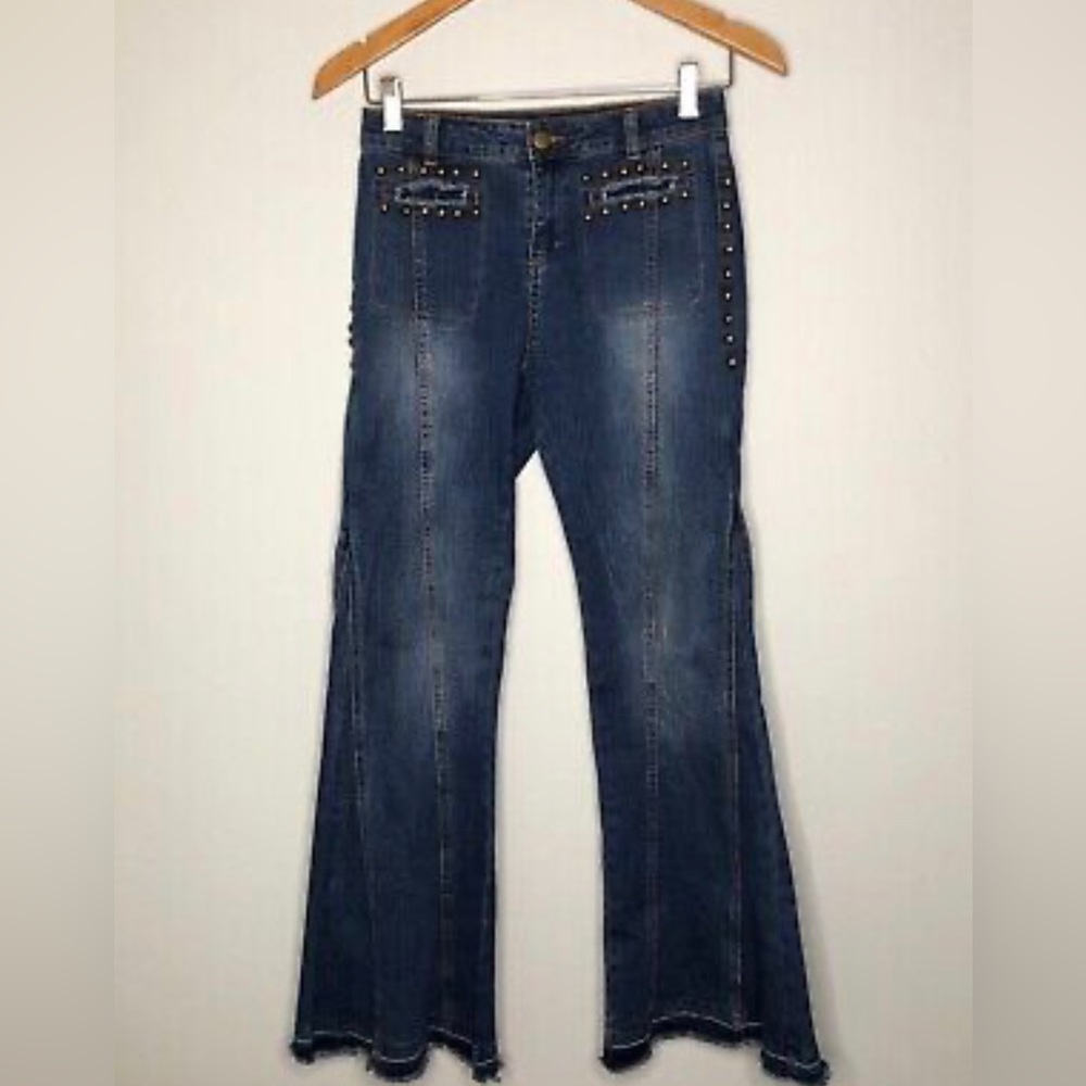 🧿LUXE MODA- Studded Flare Jeans Stretch, Size:4